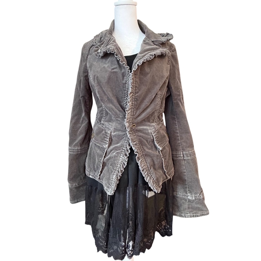 Gray Brushed Peplum Jacket M Ruffle Bell Sleeve Victorian Grunge Whimsy Goth